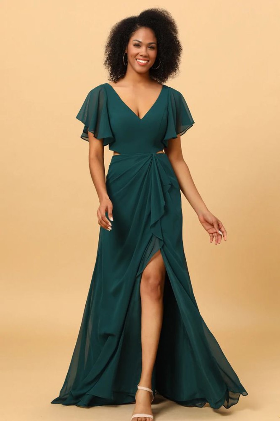 Homrain V-Neck Long Chiffon Bridesmaid Dress With Ruffles | Boho Bridesmaid Dresses