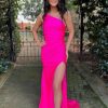 Homrain Hot Pink Ruched One Shoulder Sheath Long Prom Dress With Slit | Hot Pink Prom Dresses