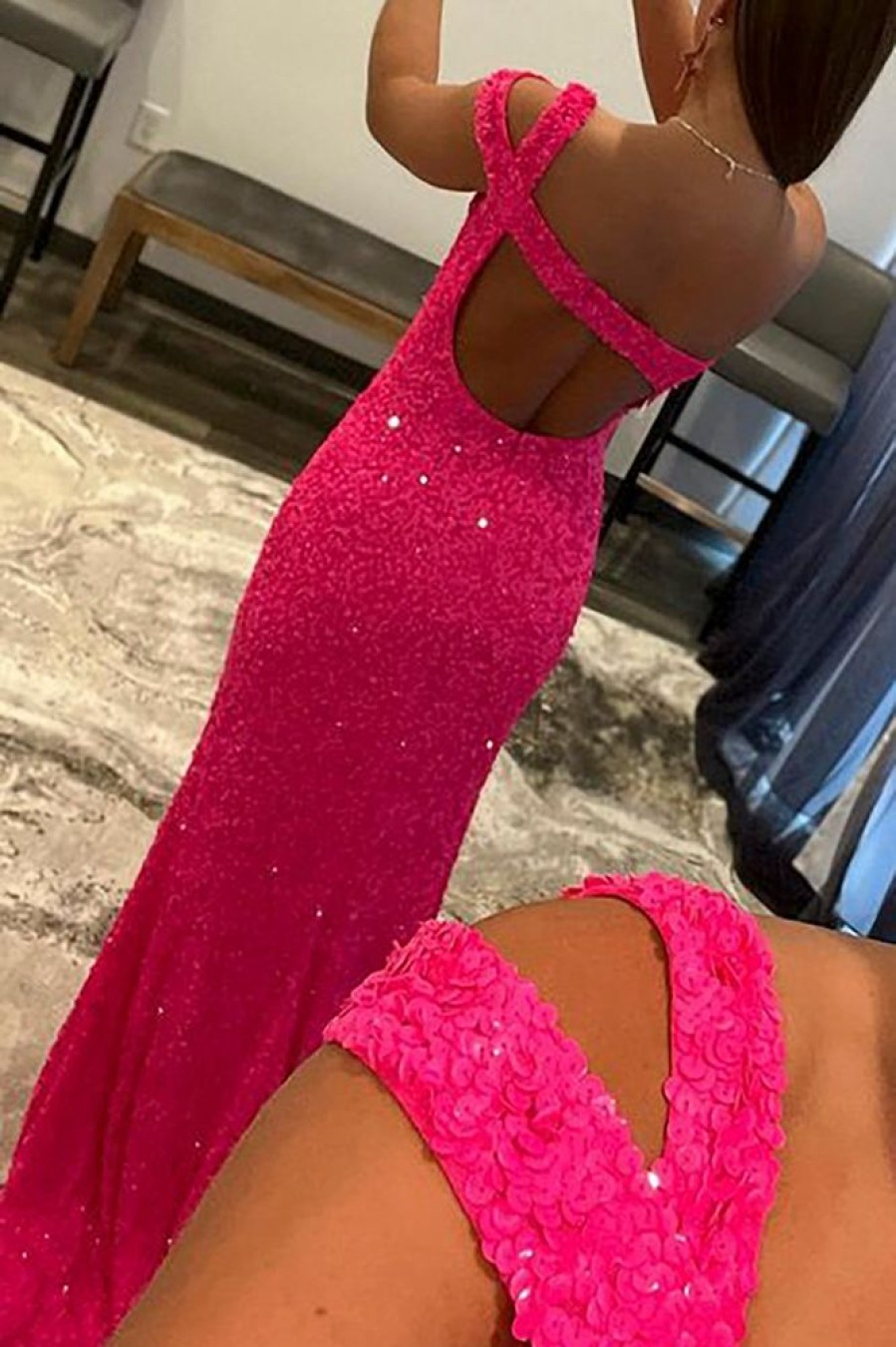 Homrain One Shoulder Sequins Prom Dress | Hot Pink Prom Dresses