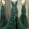 Homrain Sparkly Mermaid Long Appliqued Prom Dress With Slit | Green Prom Dresses