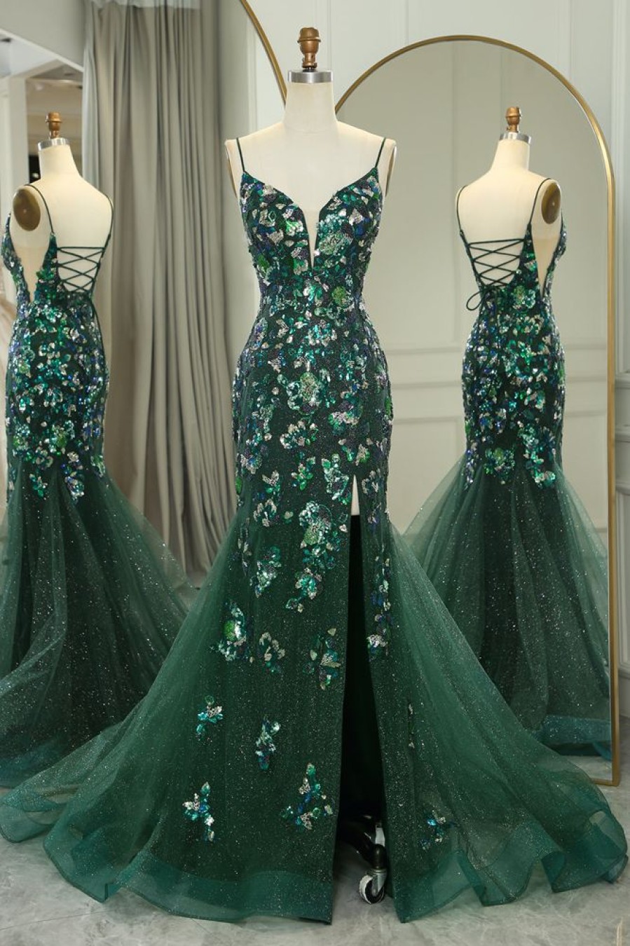 Homrain Sparkly Mermaid Long Appliqued Prom Dress With Slit | Green Prom Dresses