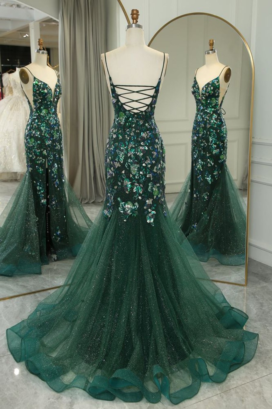 Homrain Sparkly Mermaid Long Appliqued Prom Dress With Slit | Green Prom Dresses