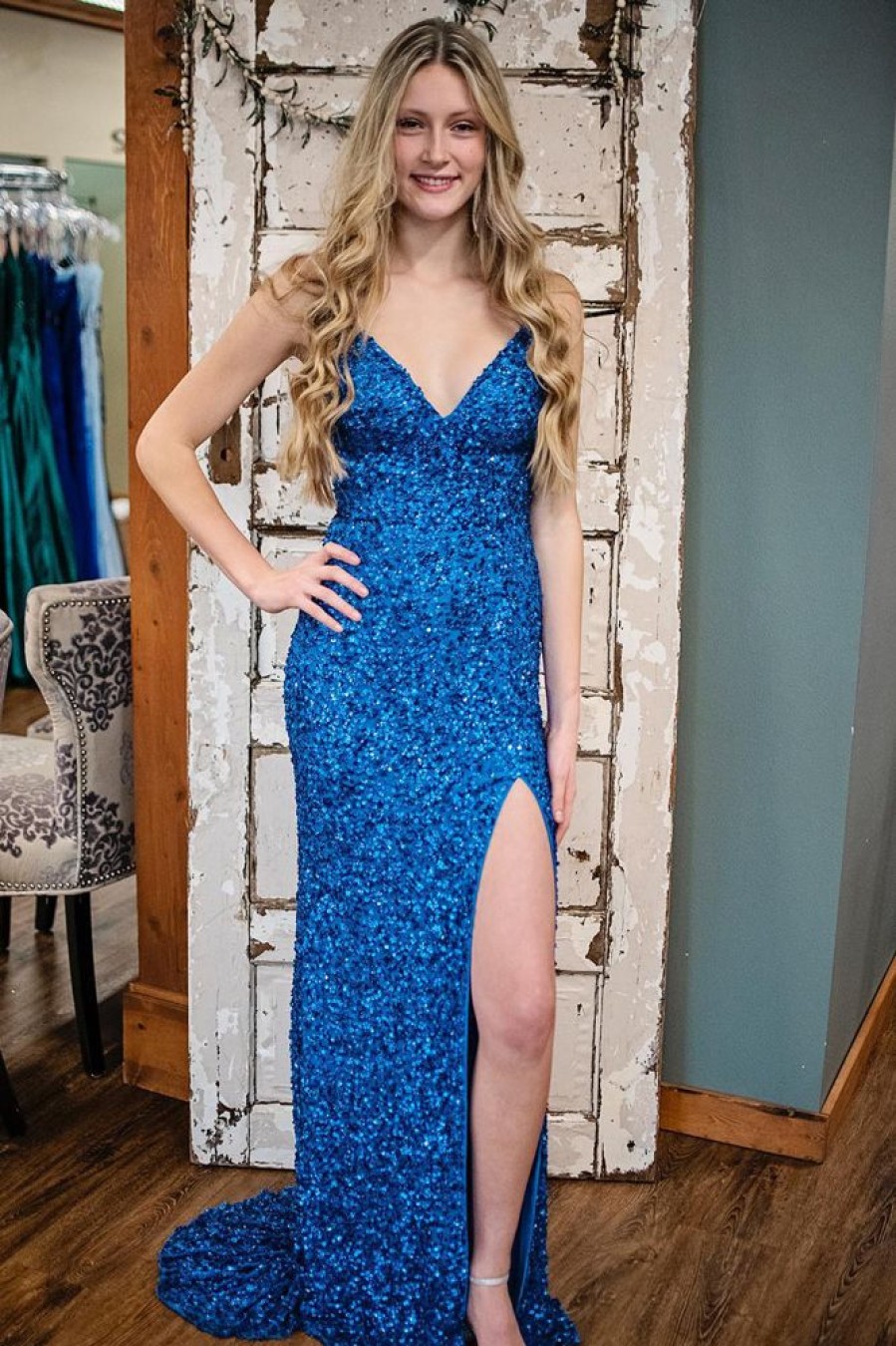 Homrain Sequin Mermaid Long Prom Dress | Blue Prom Dresses