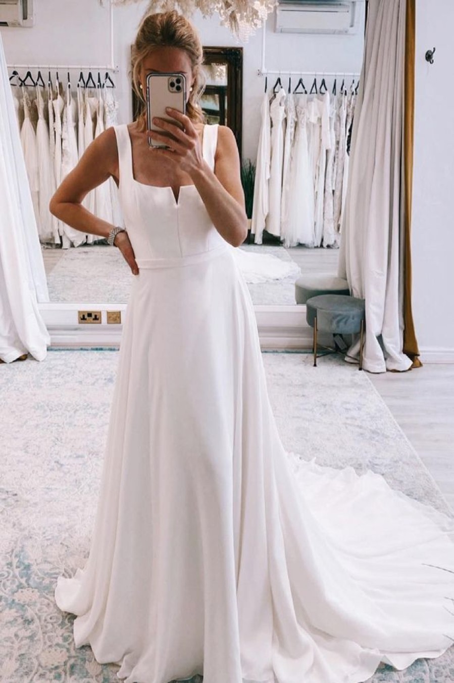 Homrain Simple Square Neck Boho Long Chiffon Wedding Dress | Simple Wedding Dresses