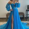 Homrain Detachable Sleeves Cut-Out Long Prom Dress With Beading | Blue Prom Dresses