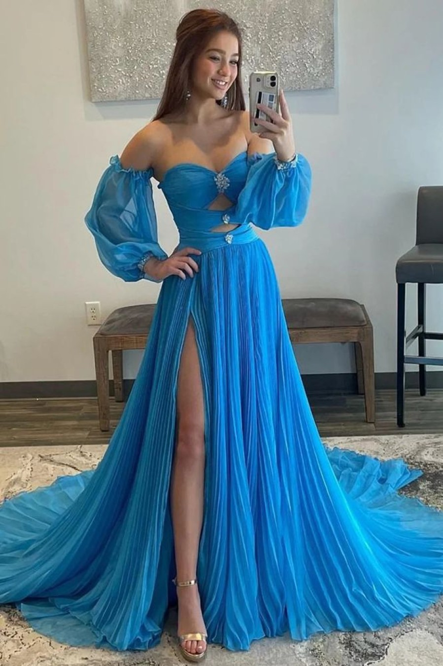 Homrain Detachable Sleeves Cut-Out Long Prom Dress With Beading | Blue Prom Dresses