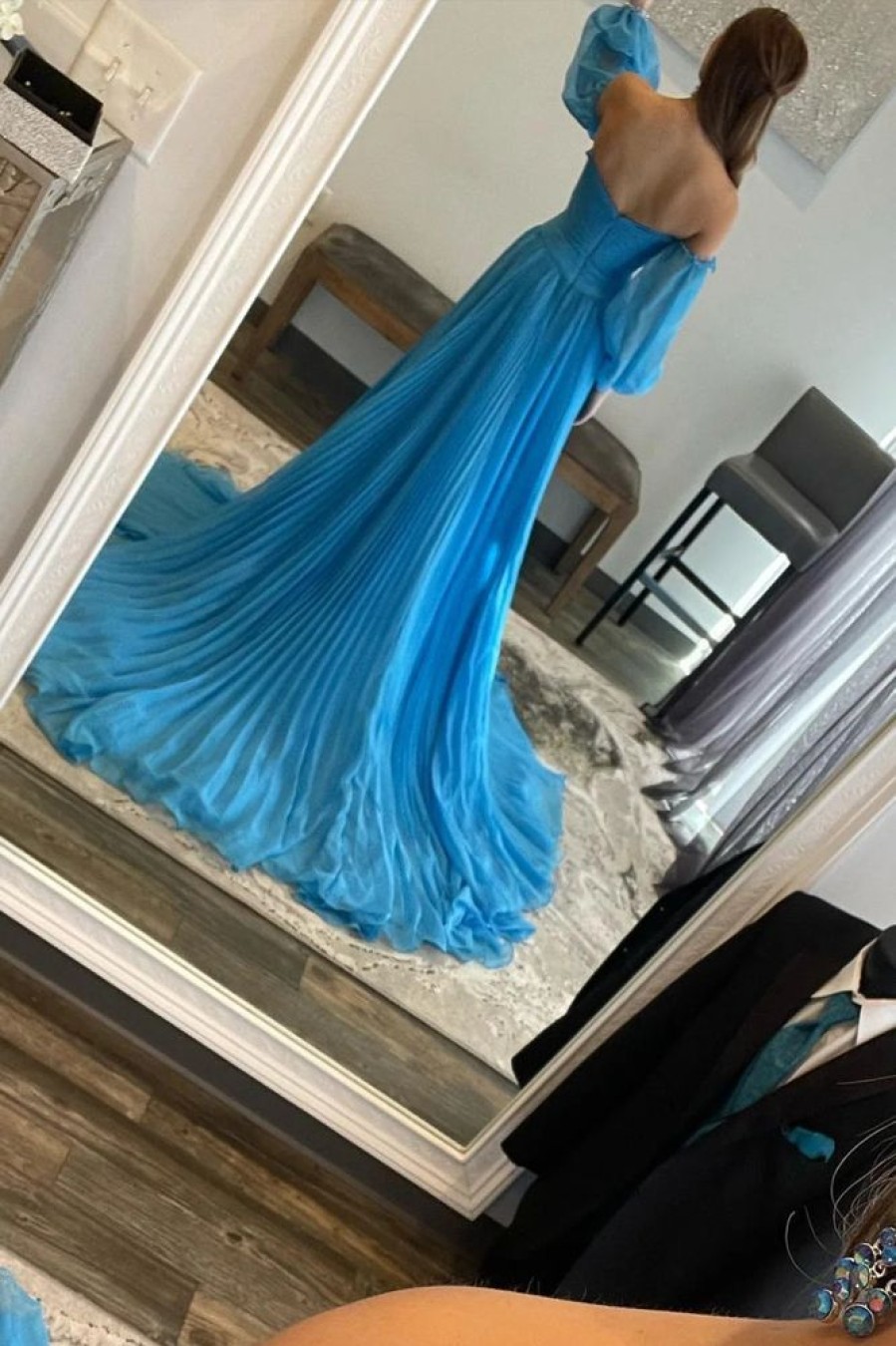 Homrain Detachable Sleeves Cut-Out Long Prom Dress With Beading | Blue Prom Dresses