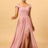 Homrain Ruffles Chiffon Pink Bridesmaid Dress With Slit | Bridesmaid Dresses