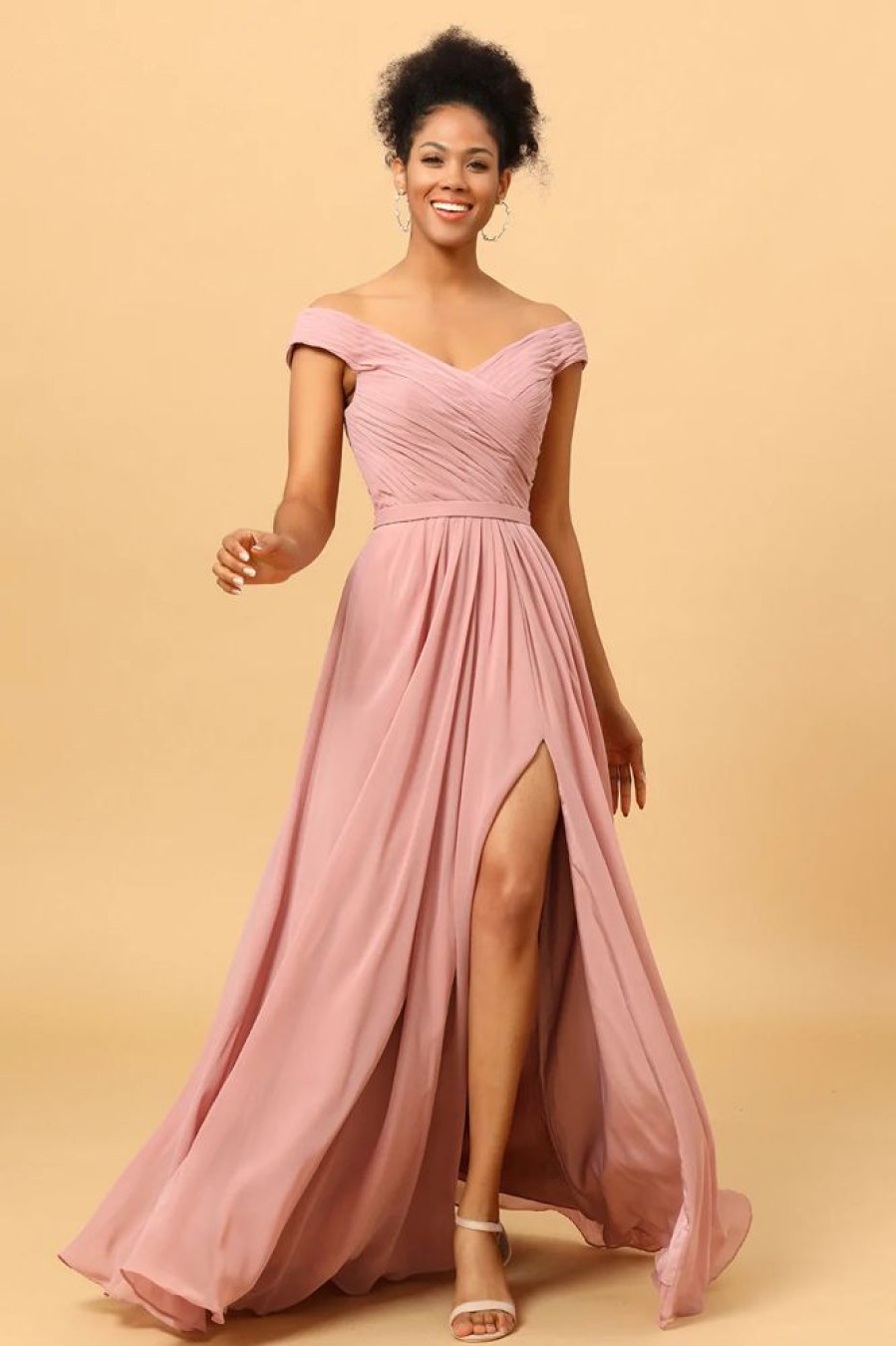 Homrain Ruffles Chiffon Pink Bridesmaid Dress With Slit | Bridesmaid Dresses