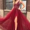 Homrain Beaded Long Prom Dress With Slit | Red Prom Dresses