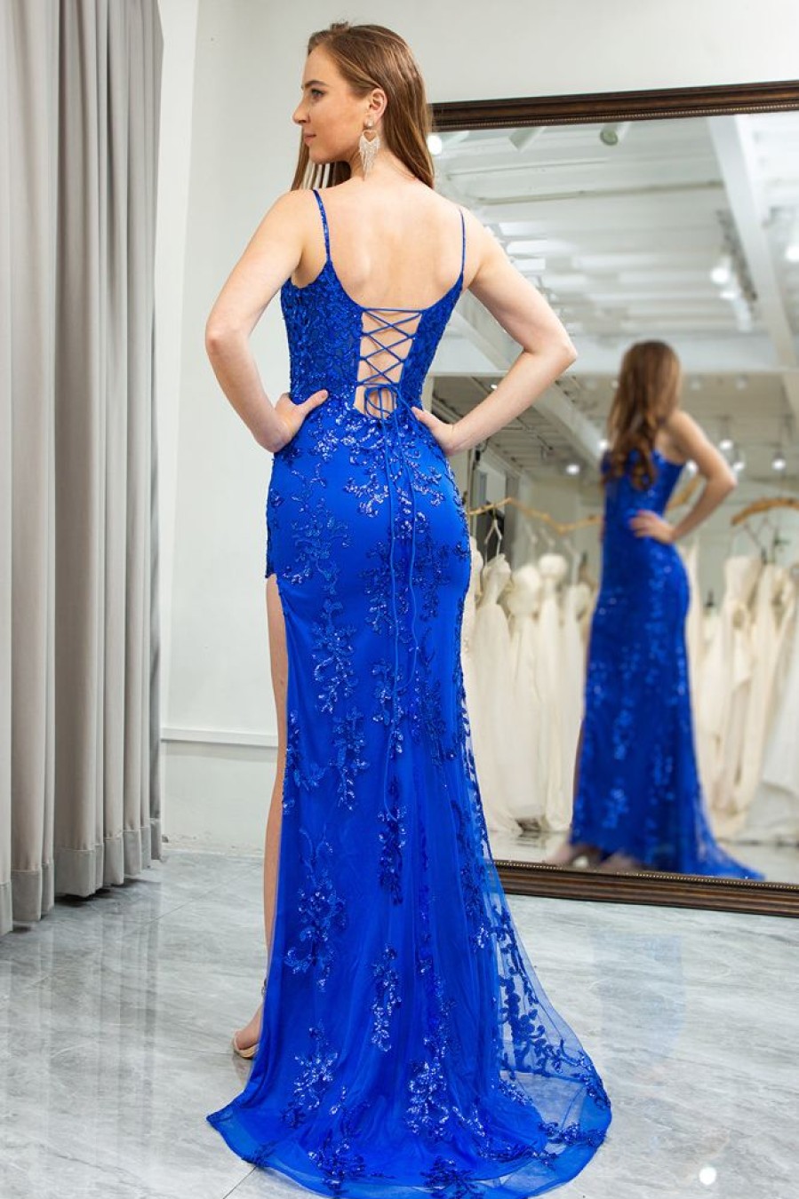 Homrain Sparkly Sheath Sequins Long Prom Dress With Slit | Blue Prom Dresses