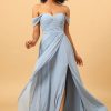 Homrain Off Shoulder Chiffon Blue Bridesmaid Dress With Slit | Dusty Blue Bridesmaid Dress