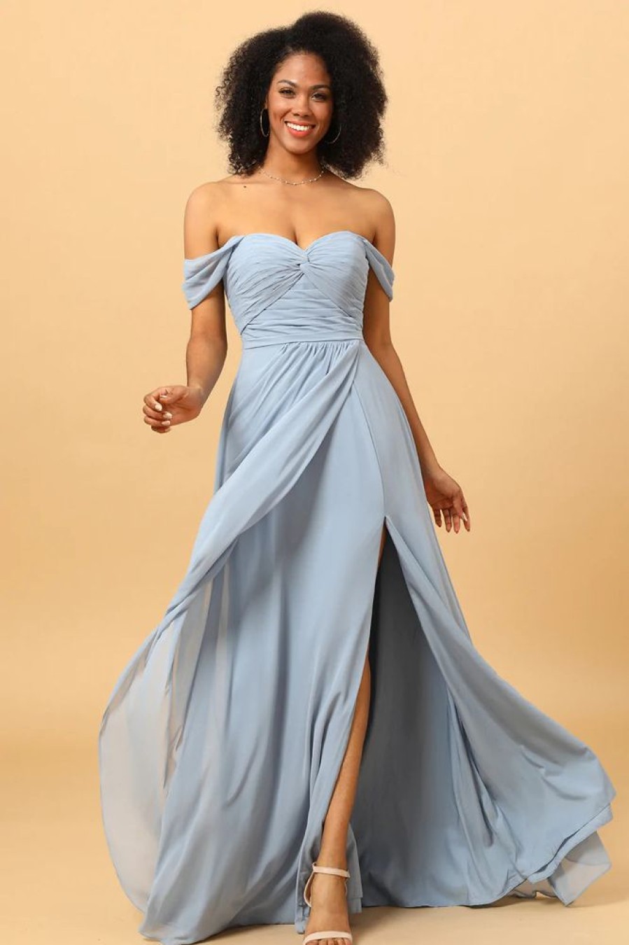 Homrain Off Shoulder Chiffon Blue Bridesmaid Dress With Slit | Dusty Blue Bridesmaid Dress