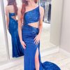 Homrain One Shoulder Sequins Prom Dress With Slit | Blue Prom Dresses