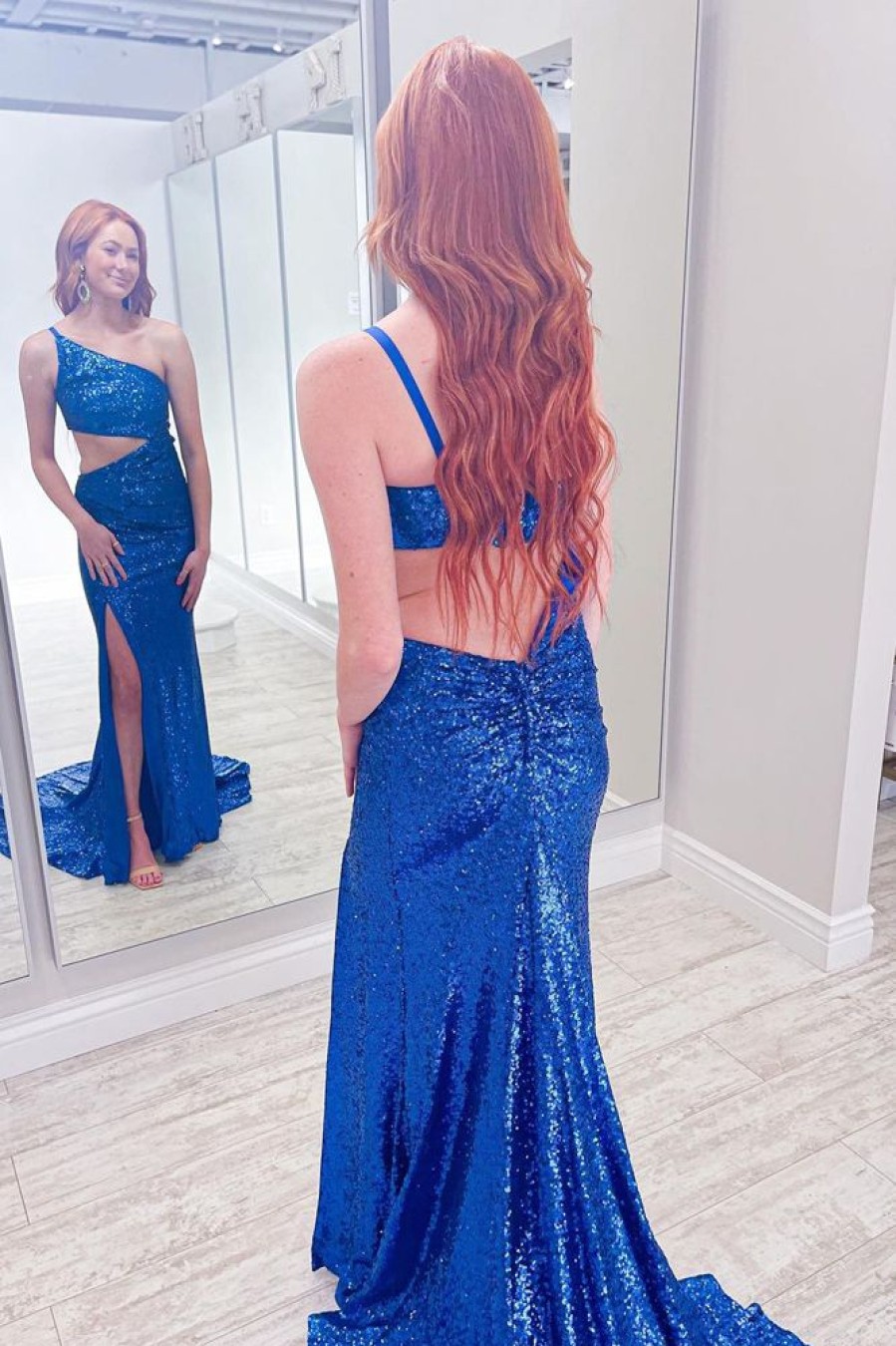 Homrain One Shoulder Sequins Prom Dress With Slit | Blue Prom Dresses