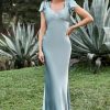 Homrain Grey Blue Satin Simple Prom Dress With Ruffles | Bridesmaid Dresses 2024