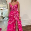 Homrain Sparkly Tiered Long Lace Prom Dress With Slit | Hot Pink Prom Dresses