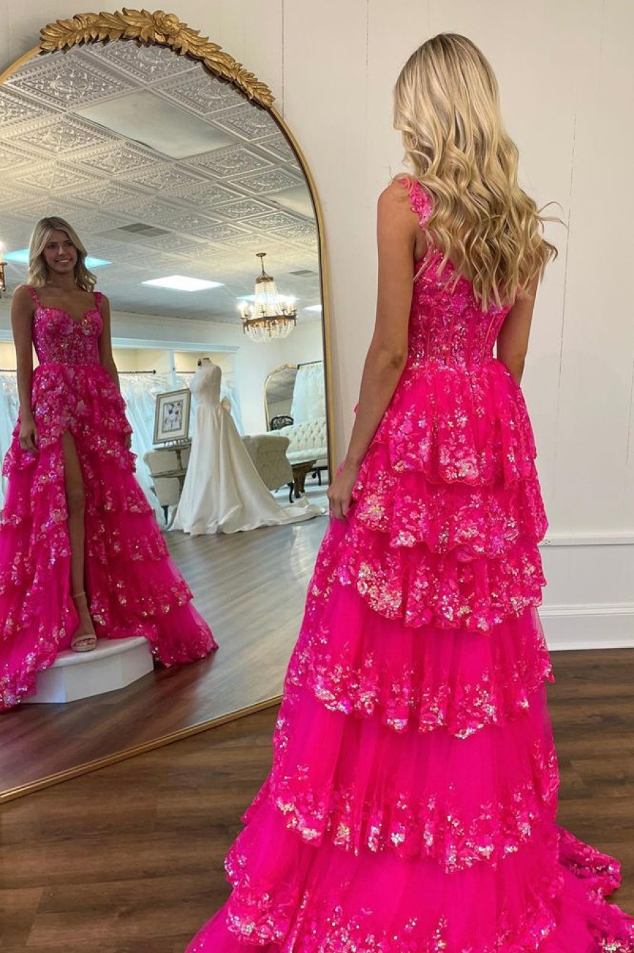 Homrain Sparkly Tiered Long Lace Prom Dress With Slit | Hot Pink Prom Dresses