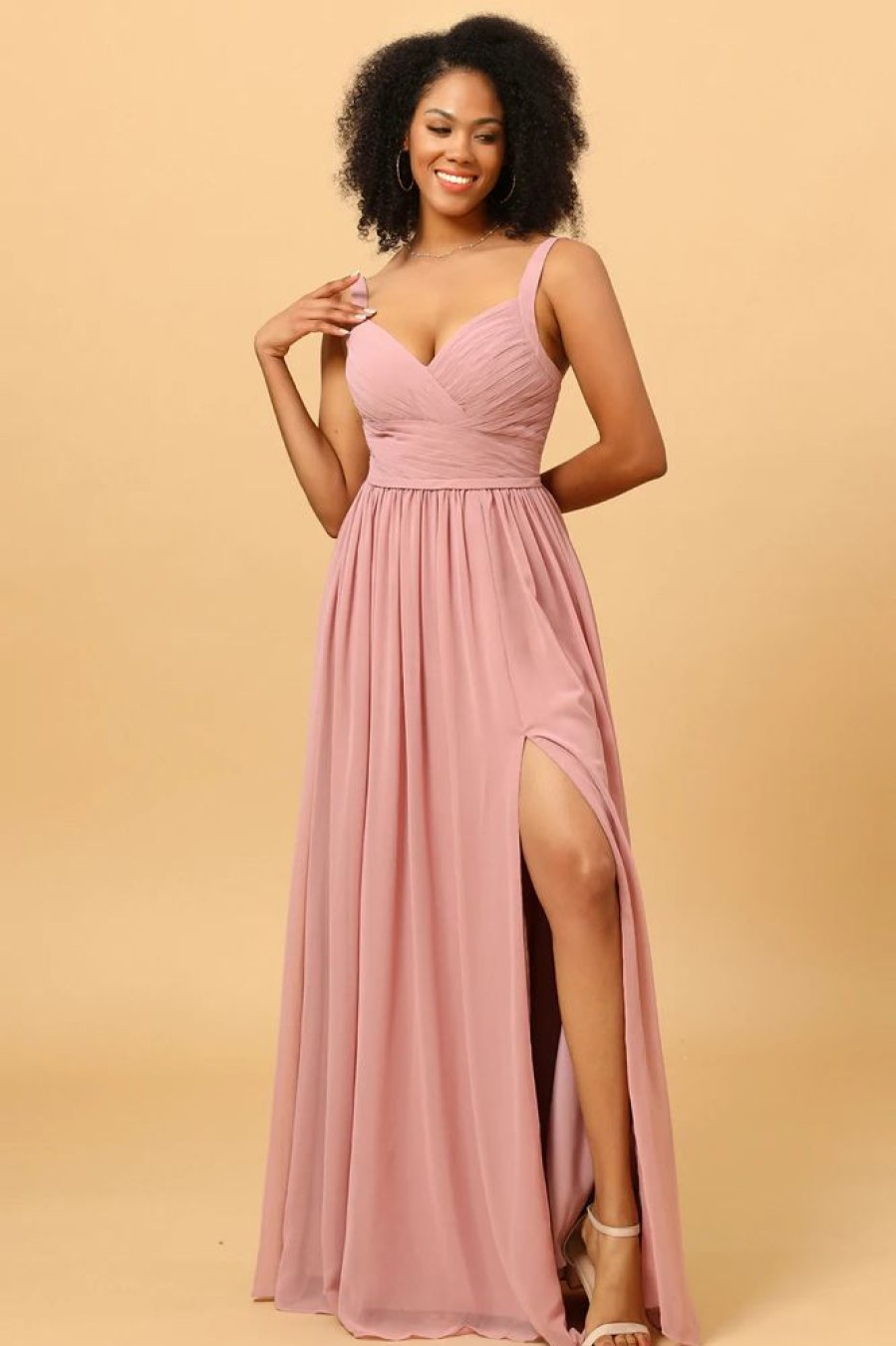 Homrain A Line Long Bridesmaid Dress With Split Front | Dusty Rose Bridesmaid Dress