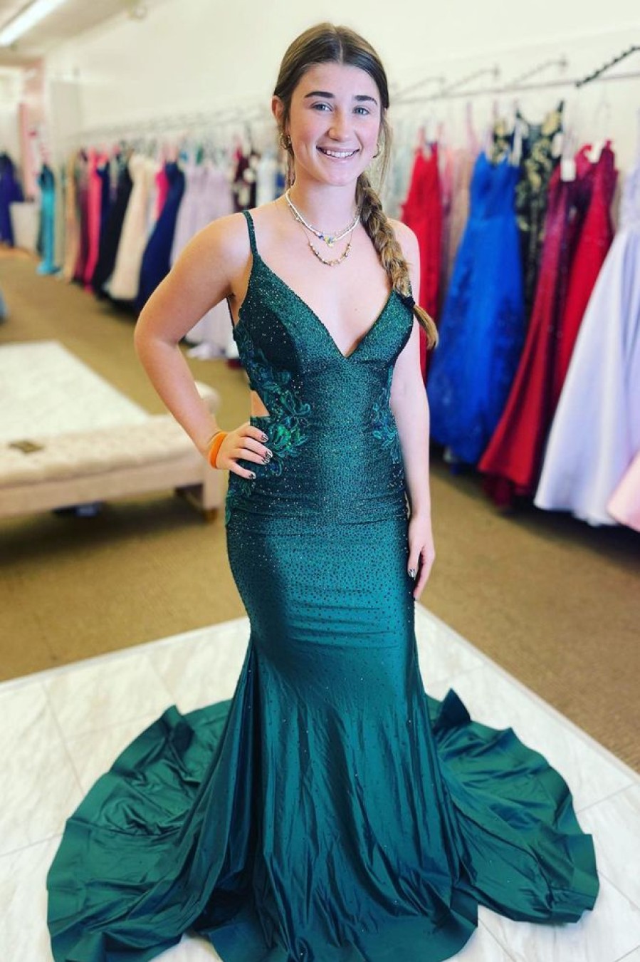 Homrain Green Beading Mermaid Prom Dress With Appliques | Green Prom Dresses