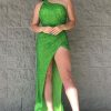 Homrain One Shoulder Long Prom Dress With Slit | Green Prom Dresses