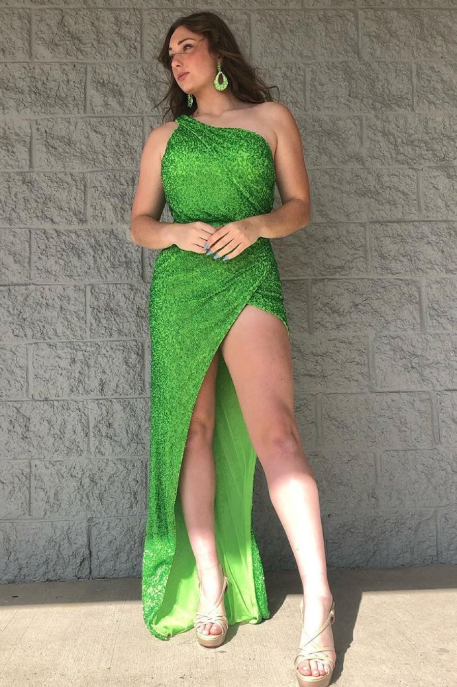 Homrain One Shoulder Long Prom Dress With Slit | Green Prom Dresses