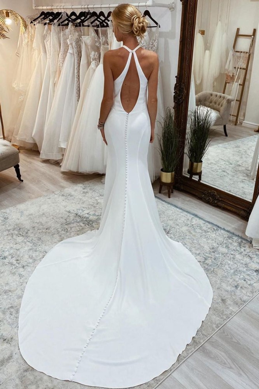 Homrain Simple Halter Open Back Long Wedding Dress | Mermaid Wedding Dresses