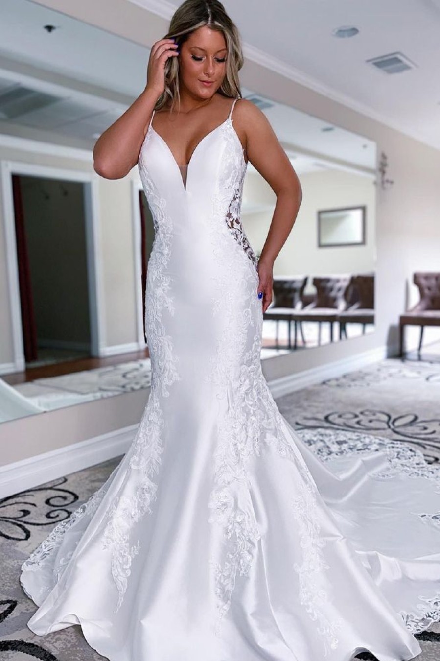 Homrain Mermaid Long Satin Wedding Dress With Lace | Lace Wedding Dresses