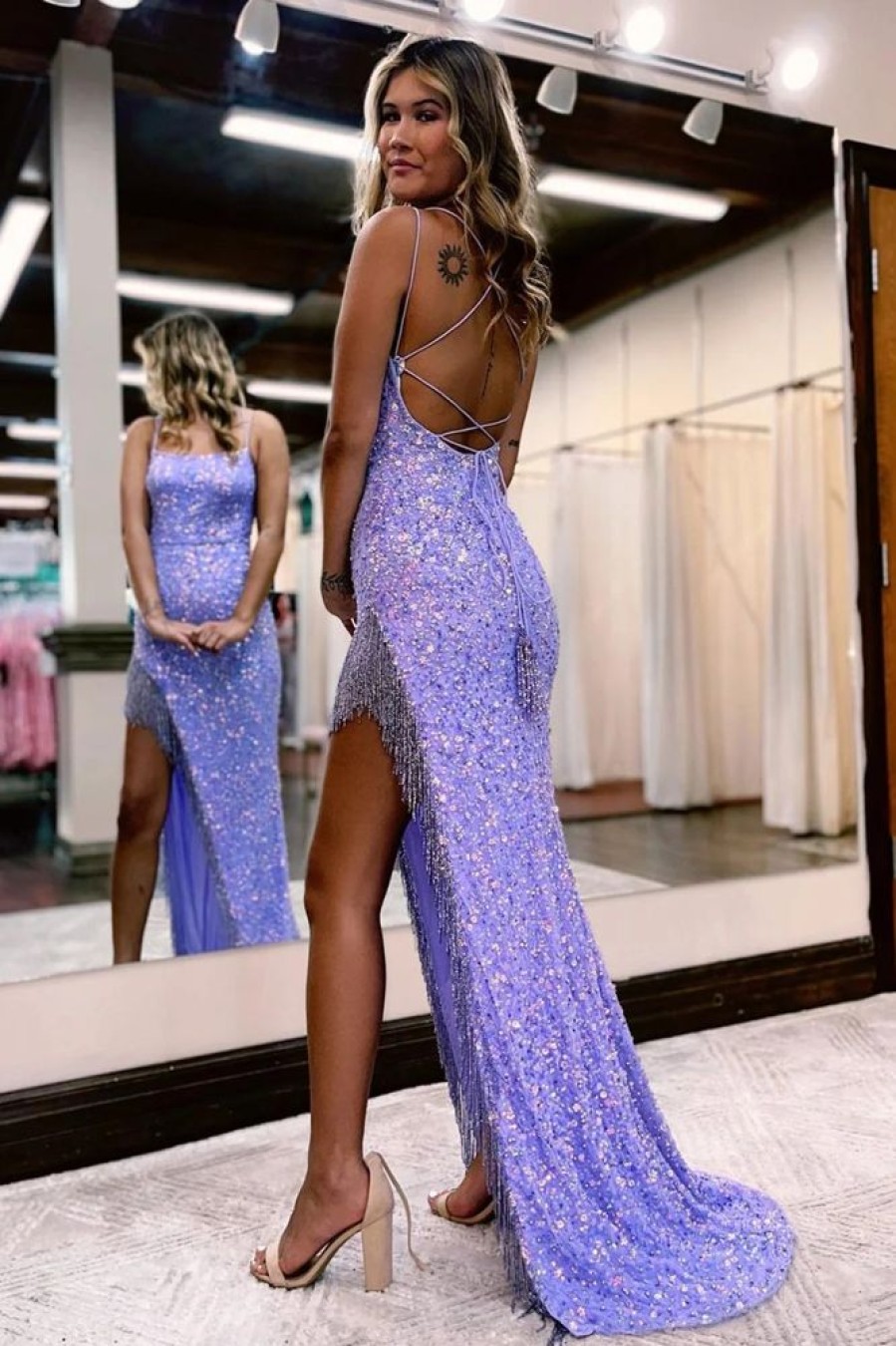 Homrain Sparkly Spaghetti Straps Sequins Long Prom Dress | Blue Prom Dresses