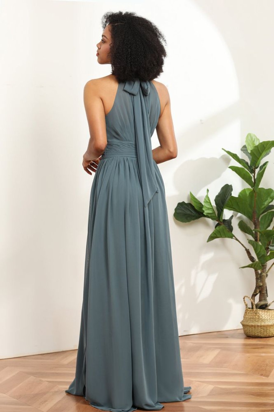 Homrain Halter Ruched Long Bridesmaid Dress With Slit | Dusty Blue Bridesmaid Dress