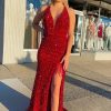 Homrain Mermaid Deep V Neck Sequins Long Prom Dress With Open Back | Red Prom Dresses