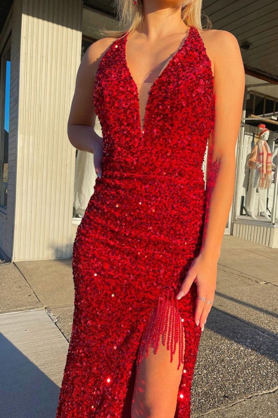 Homrain Mermaid Deep V Neck Sequins Long Prom Dress With Open Back | Red Prom Dresses