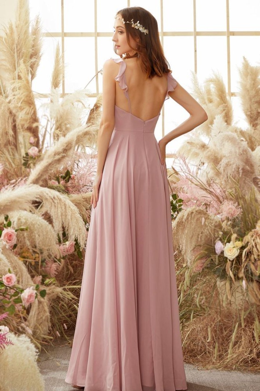 Homrain Blush Spaghetti Straps Chiffon Bridesmaid Dress | Wedding Guest Dresses