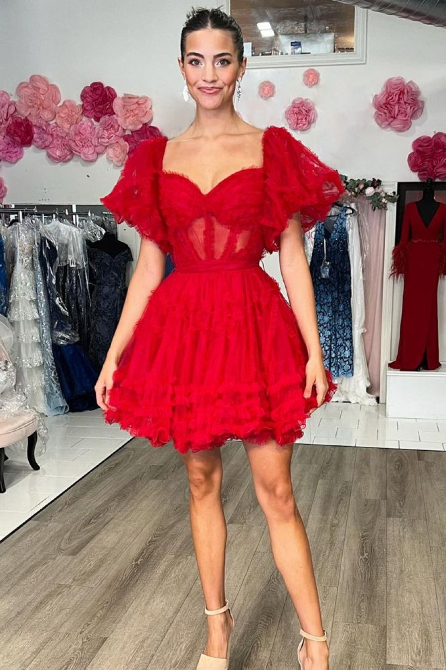 Homrain Corset A-Line Short Homecoming Dress With Sleeves | Red Hoco Dresses