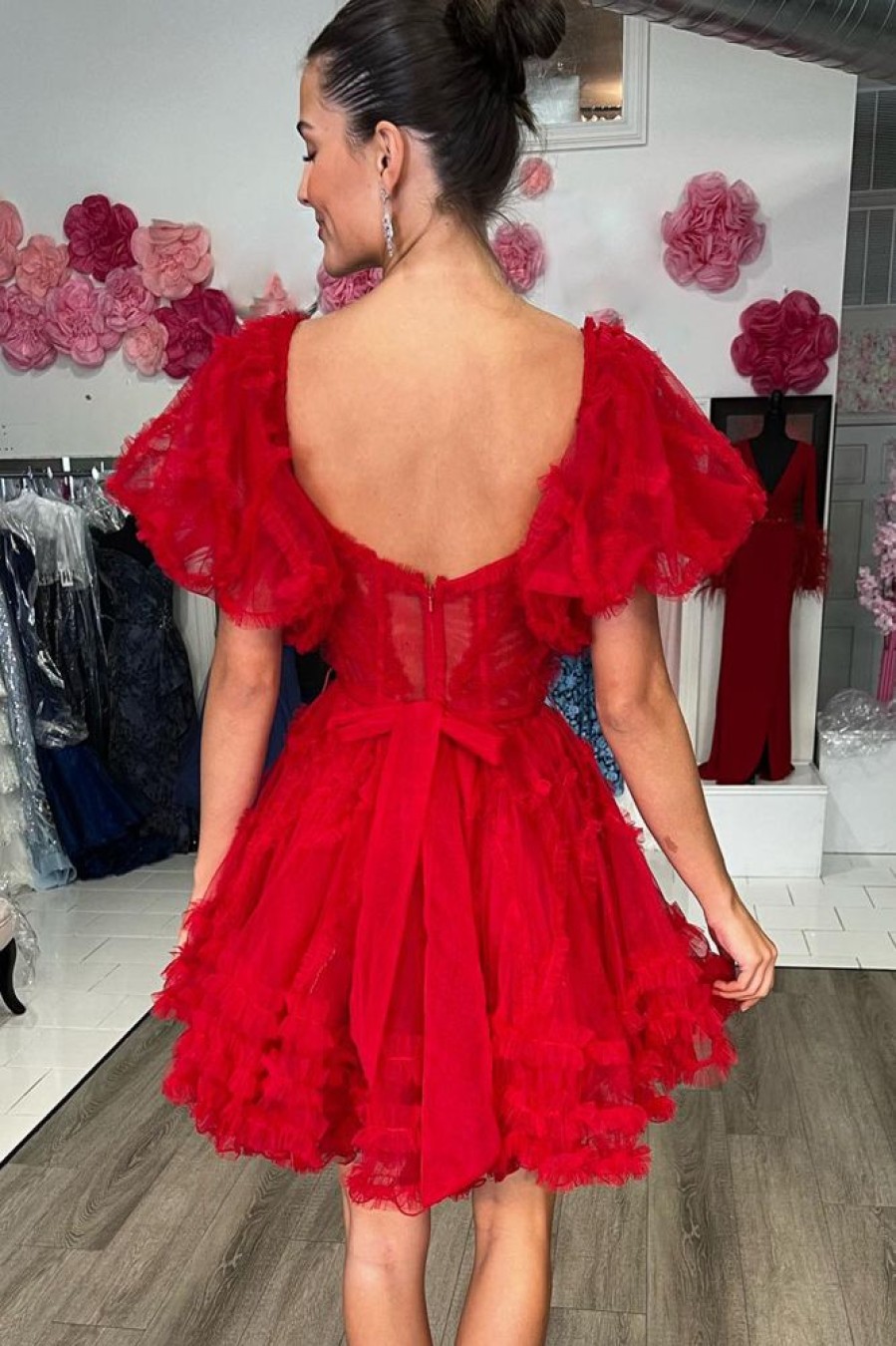 Homrain Corset A-Line Short Homecoming Dress With Sleeves | Red Hoco Dresses