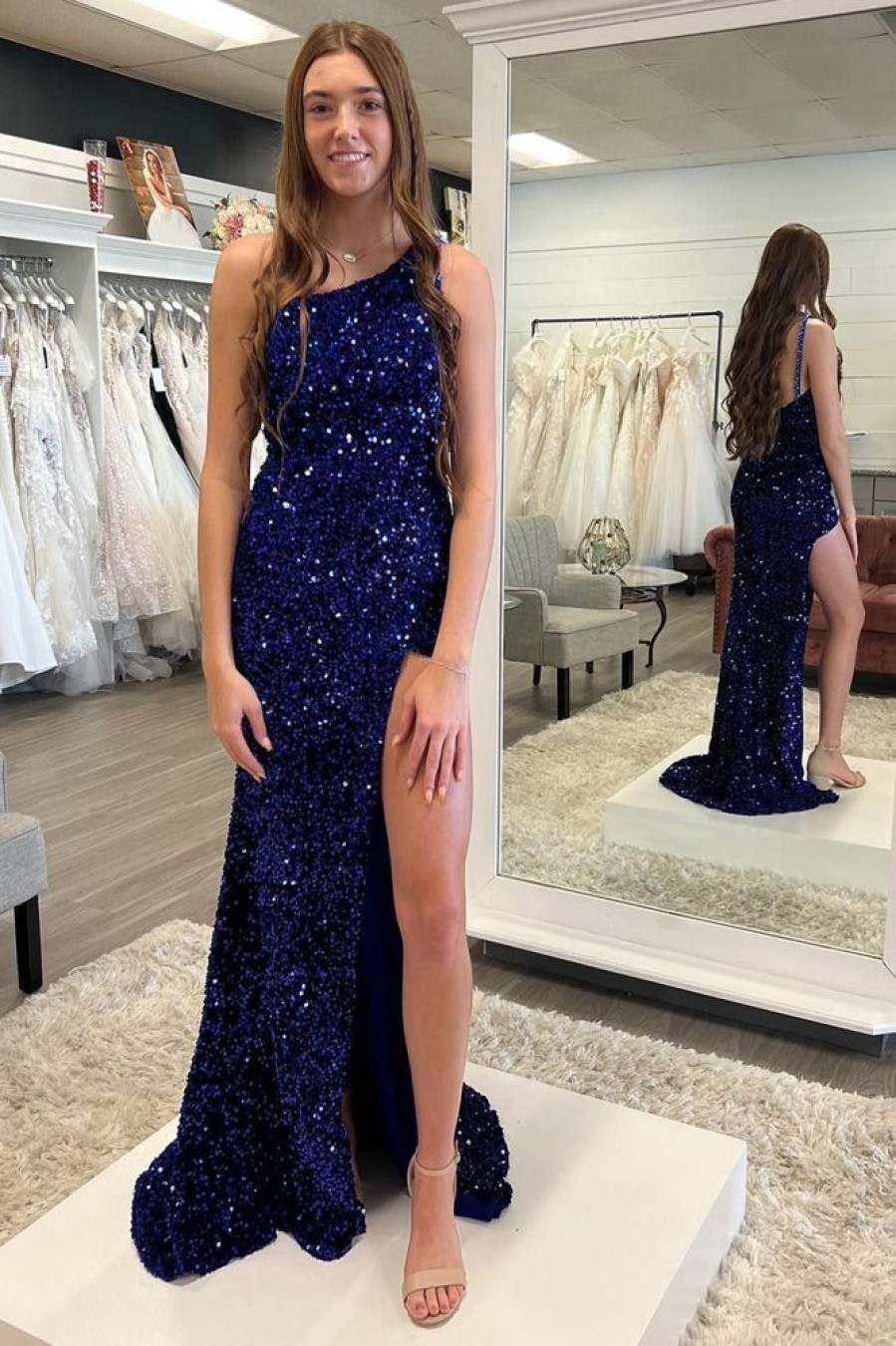 Homrain Sparkly Sequins Mermaid One Shoulder Long Prom Dress With Slit | Blue Prom Dresses