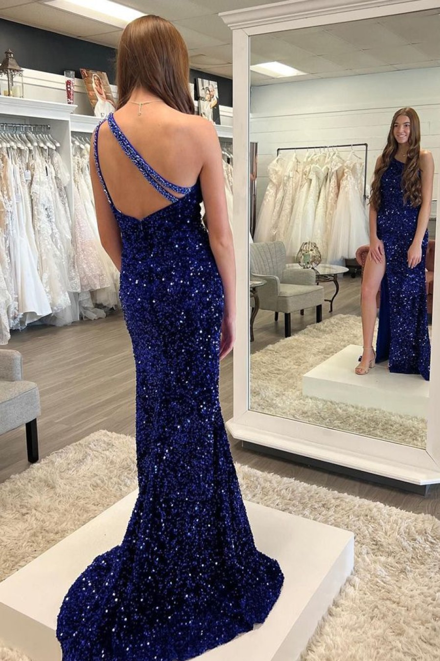 Homrain Sparkly Sequins Mermaid One Shoulder Long Prom Dress With Slit | Blue Prom Dresses