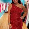 Homrain Sparkly Sequins One Shoulder Tight Short Homecoming Dress | Red Hoco Dresses