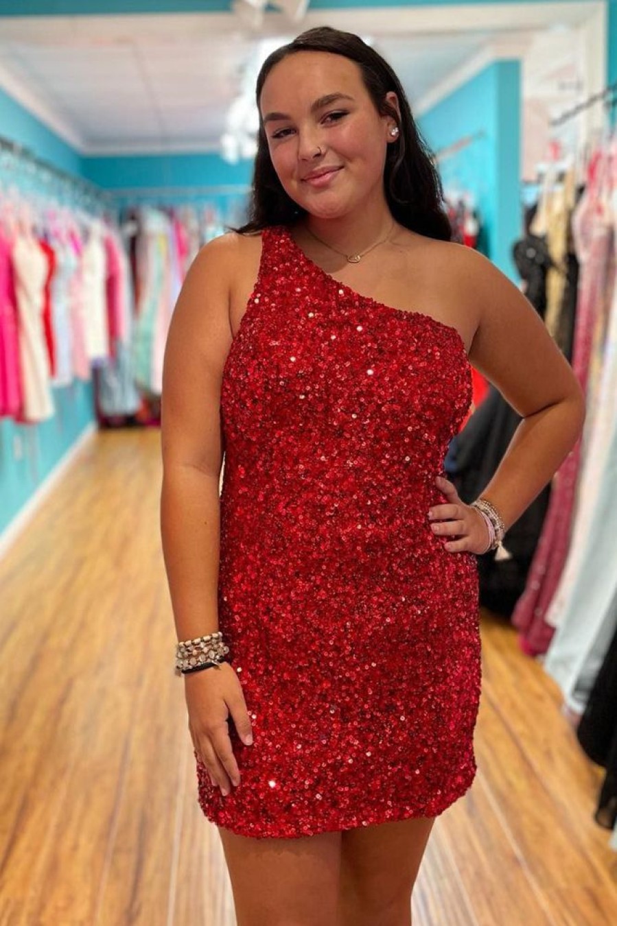 Homrain Sparkly Sequins One Shoulder Tight Short Homecoming Dress | Red Hoco Dresses