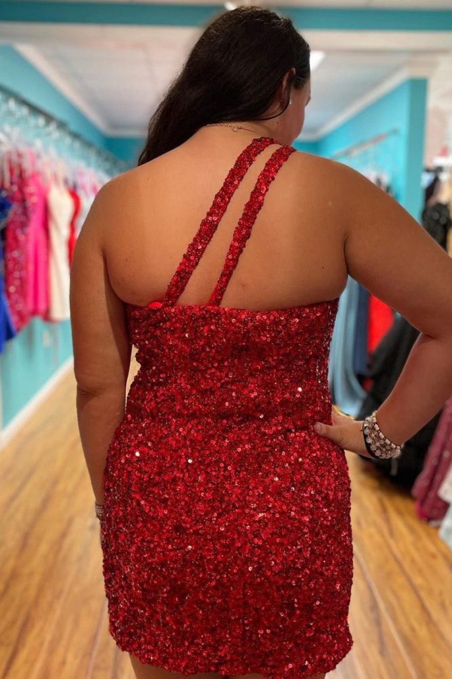 Homrain Sparkly Sequins One Shoulder Tight Short Homecoming Dress | Red Hoco Dresses