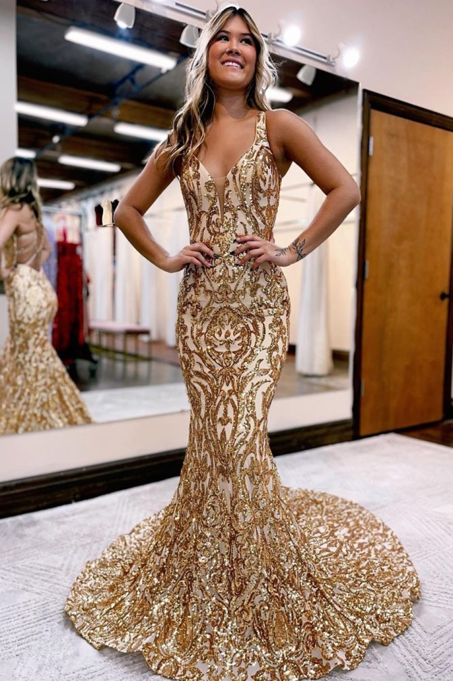 Homrain Sequin Sparkly Mermaid Prom Dress | Gold Prom Dresses