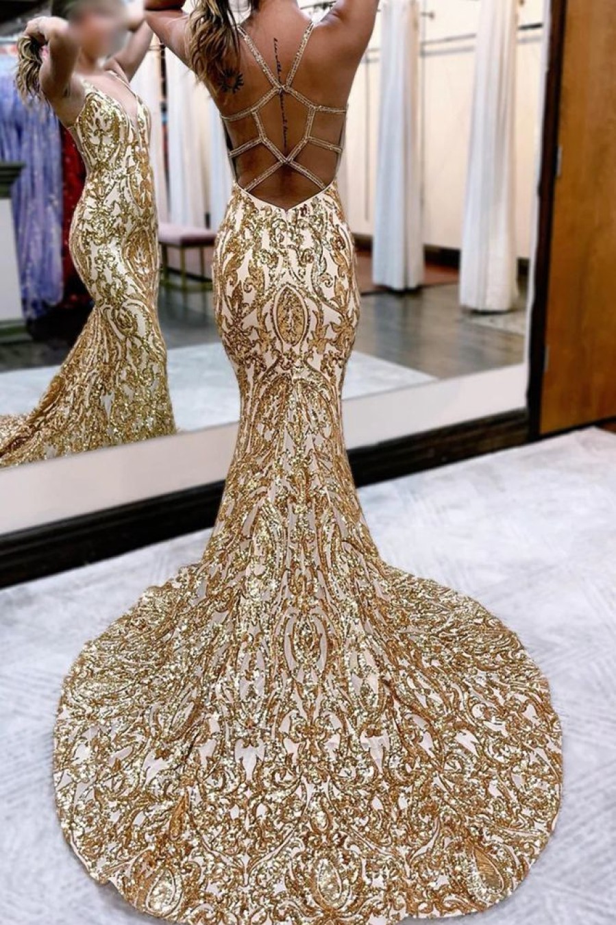 Homrain Sequin Sparkly Mermaid Prom Dress | Gold Prom Dresses