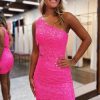 Homrain Sparkly One Shoulder Sequins Cut Out Short Homecoming Dress With Fringes | Hot Pink Hoco Dresses