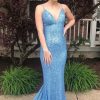 Homrain Mermaid Spaghetti Straps Sequins Backless Long Prom Dress | Blue Prom Dresses