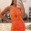 Homrain Glitter Halter Backless Sequins Tight Homecoming Dress | Orange Prom Dresses