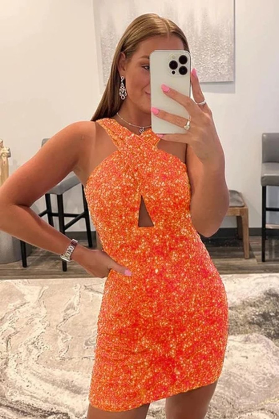 Homrain Glitter Halter Backless Sequins Tight Homecoming Dress | Orange Prom Dresses