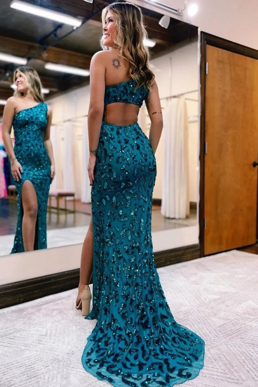 Homrain Sparkly Peacock Sequins Mermaid One Shoulder Long Prom Dress With Slit | Blue Prom Dresses