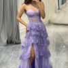 Homrain Glitter Sweetheart Long Corset Tiered Prom Dress With Slit | Purple Prom Dresses