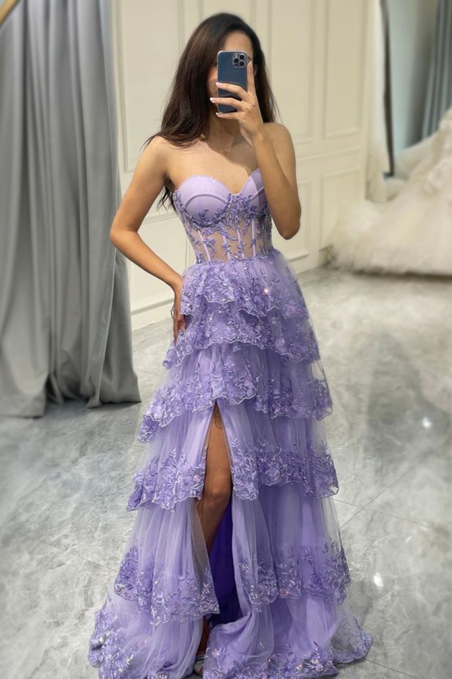 Homrain Glitter Sweetheart Long Corset Tiered Prom Dress With Slit | Purple Prom Dresses