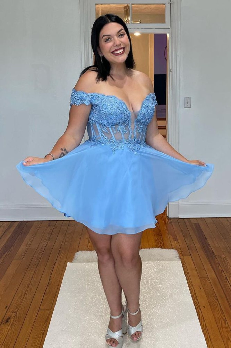 Homrain Corset A-Line Chiffon Short Homecoming Dress With Lace | Blue Hoco Dresses